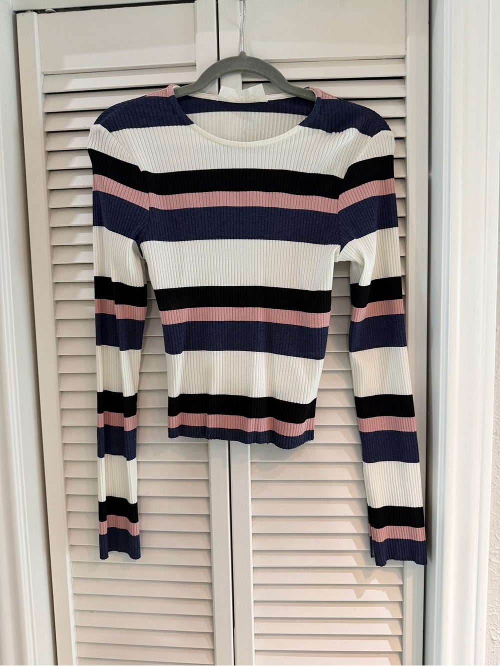 CALE Striped Ribbed Long-Sleeve Top in White, Navy & Pink